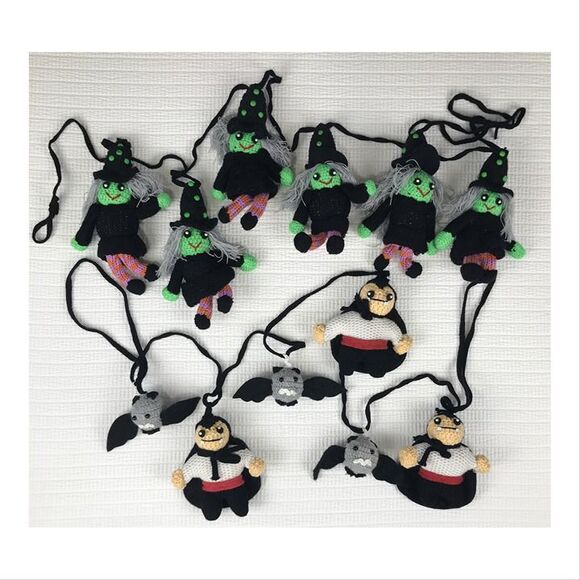 Halloween Crochet Knit Garlands (2) Witch Bat Vampire Yarn Felt ~ 7' Need TLC - Picture 2 of 10